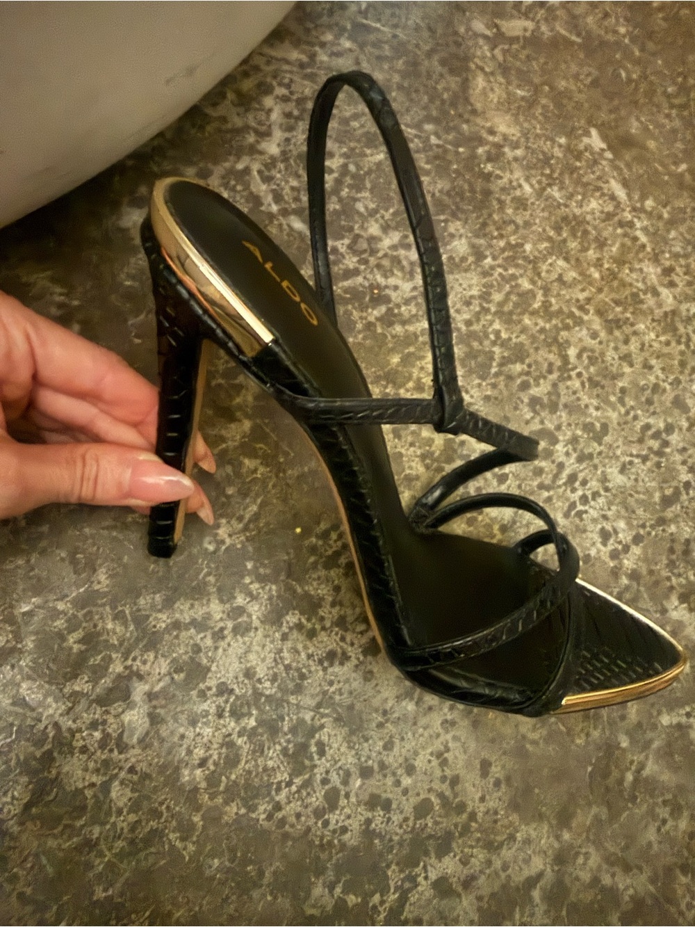 Aldo Black Strappy Pointed Toe Heels with Subtle Gold Trim